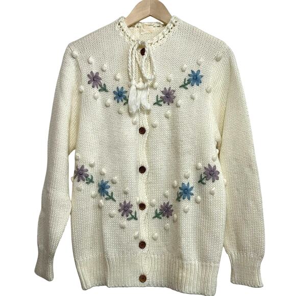 Vintage Floral Embroidered Cardigan Cream L/XL 3D Flowers Cottagecore Tie Neck - Picture 3 of 16